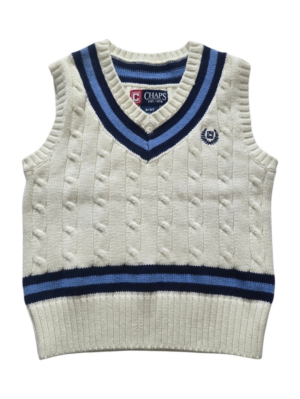 Chaps Toddler Boys Cable Knit Sweater Vest 3T White Navy Blue Stripe V-Neck